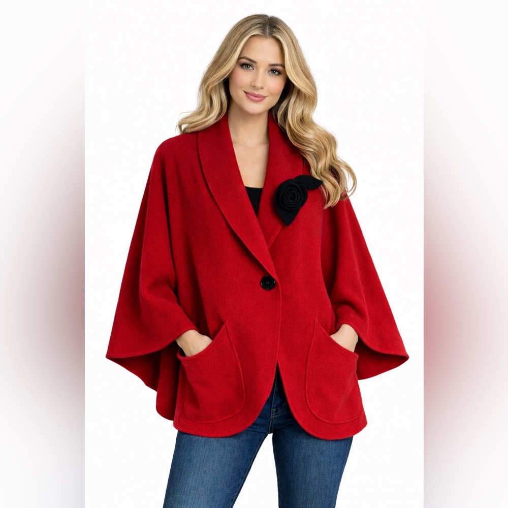 Vintage 90s Red Fleece Cape Jacket Le Moda Oversized Shawl Collar Poncho Coat